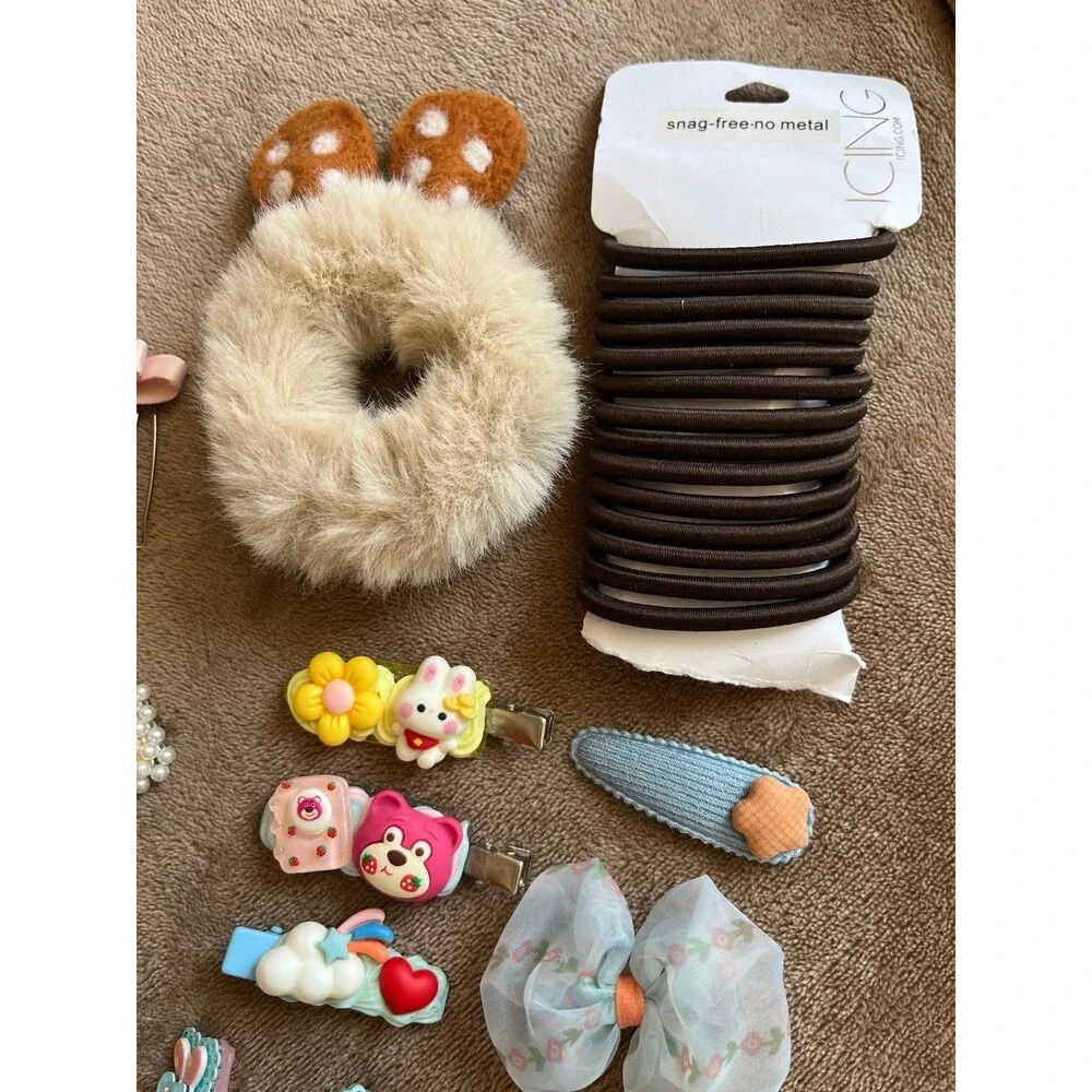 Kawaii Hair Accessories Bundle,Clips Scrunchie Hair Ties Roller Cute Lot